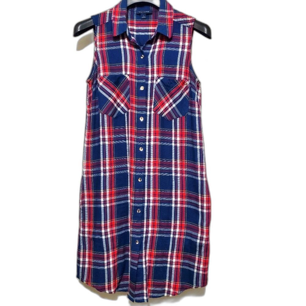 Tommy Hilfiger Sleeveless Plaid Shirt Dress Sz 2 Red Blue Farmhouse Barnhouse